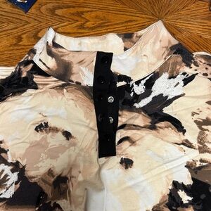 Sport Savvy NWOT 1X brown cream black Abstract snap neck pockets jersey tunic